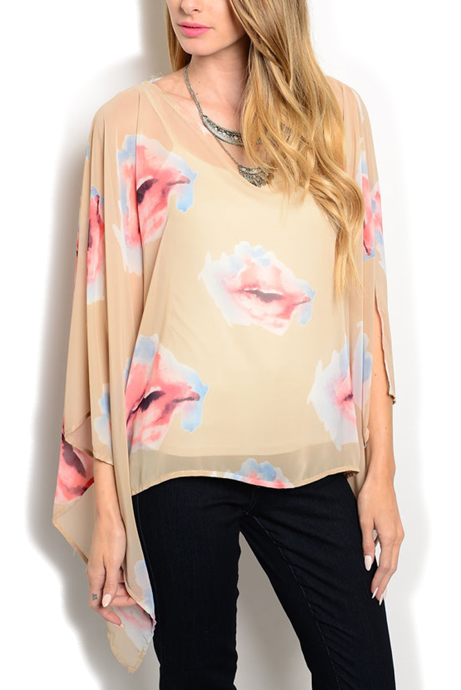 DHStyles.com DHStyles Women's Beige Coral Trendy Sheer Bat Winged Sleeves Tie-able Keyhole Back Chiffon Lips Graphic Top - M-L