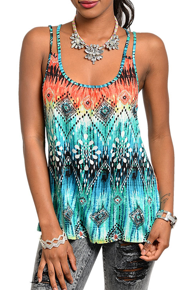 DHStyles.com DHStyles Women's Mint Coral Trendy Abstract Aztec Print Open Back Tank Top - Medium