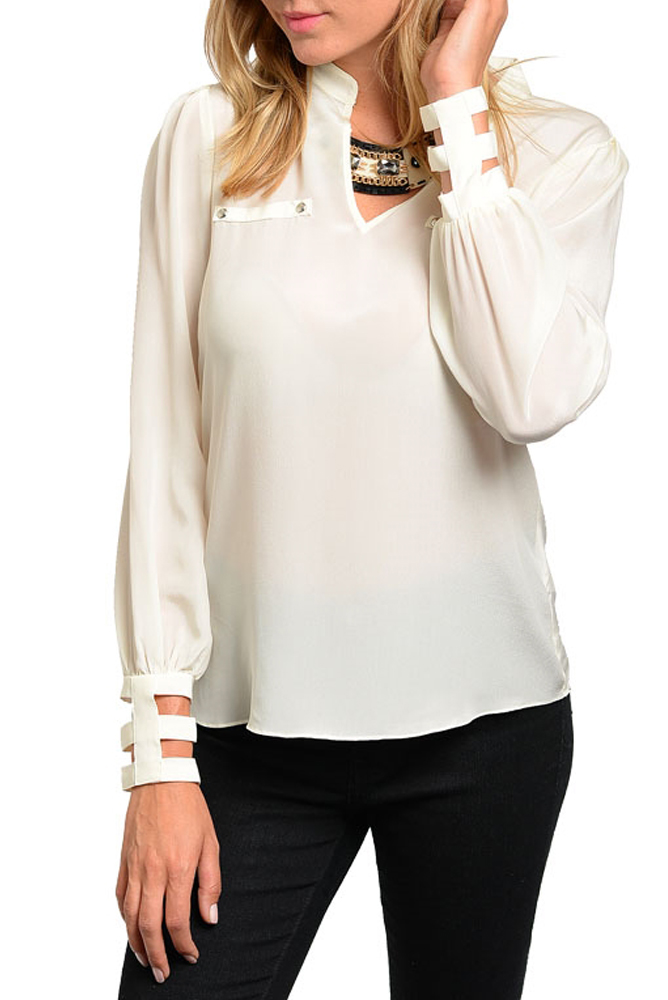 DHStyles.com DHStyles Women's Cream Romantic Sheer Cut Out Sleeve Silk Top - Small