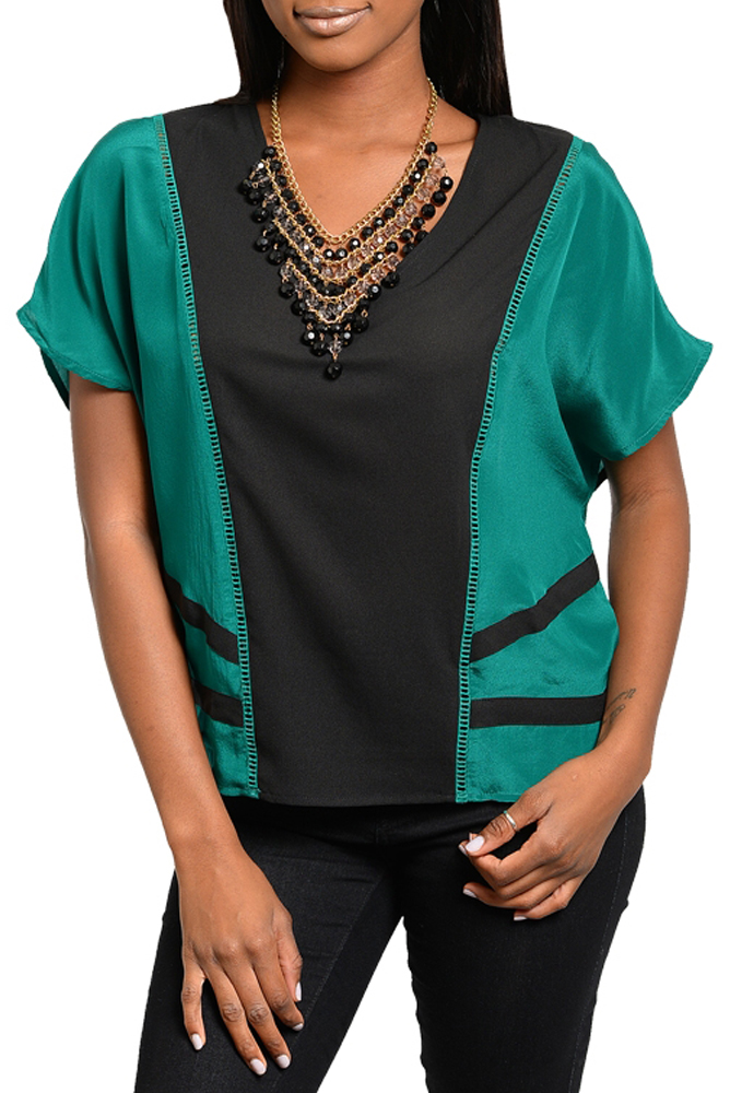 DHStyles.com DHStyles Women's Black Jade Sexy Sheer Chiffon Short Sleeve Color Block Flowy Top - Small