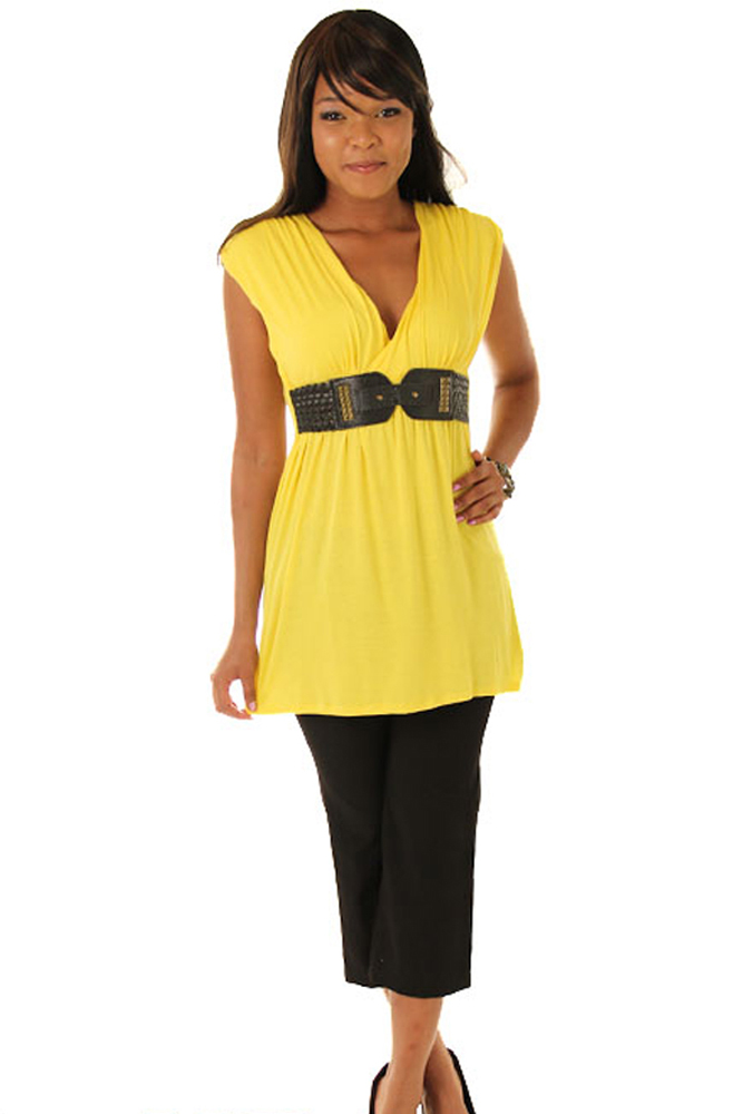 DHStyles.com DHStyles Women's Yellow Trendy Knit Tunic Top with Belt - Medium
