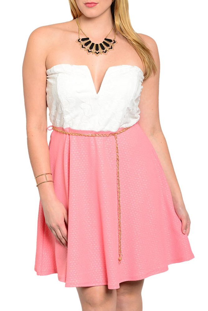 DHStyles.com DHStyles Women's Pink Ivory Plus Size Sexy V Neckline Textured Color Block Party Dress - 1X