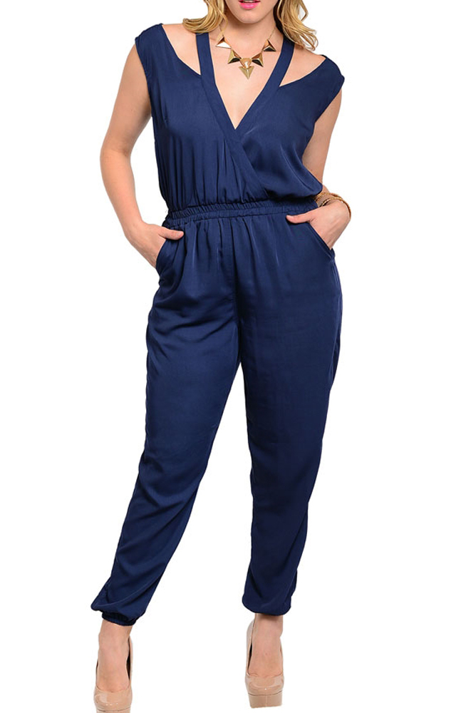 DHStyles.com DHStyles Women's Navy Plus Size Sexy Sheer Cold Shoulder Keyhole Romper - XL Plus