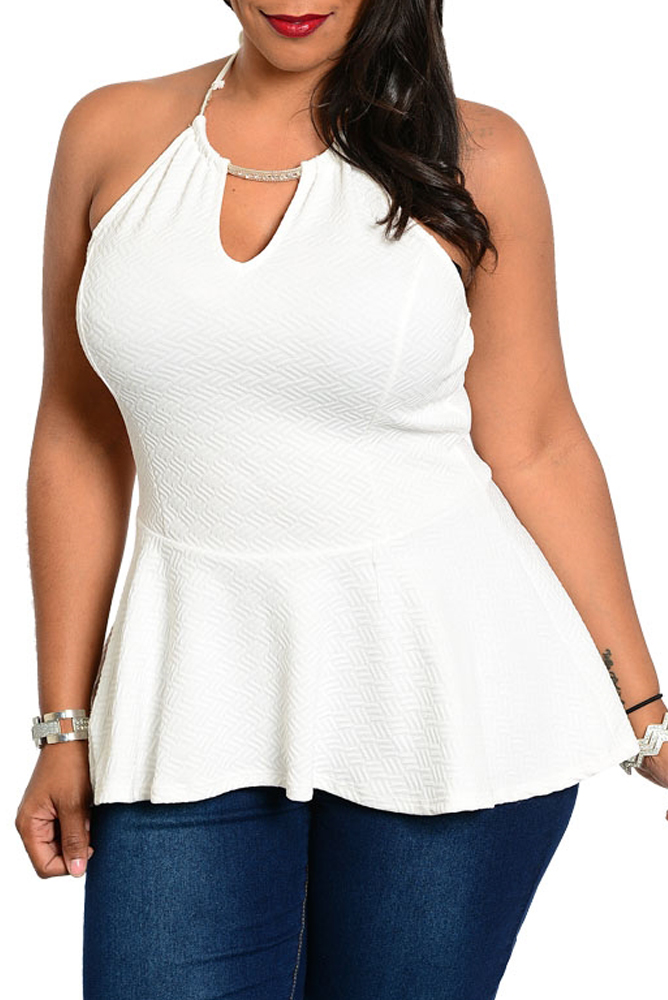 DHStyles.com DHStyles Women's Ivory Plus Size Sexy Jeweled Peplum High-Low Halter Top