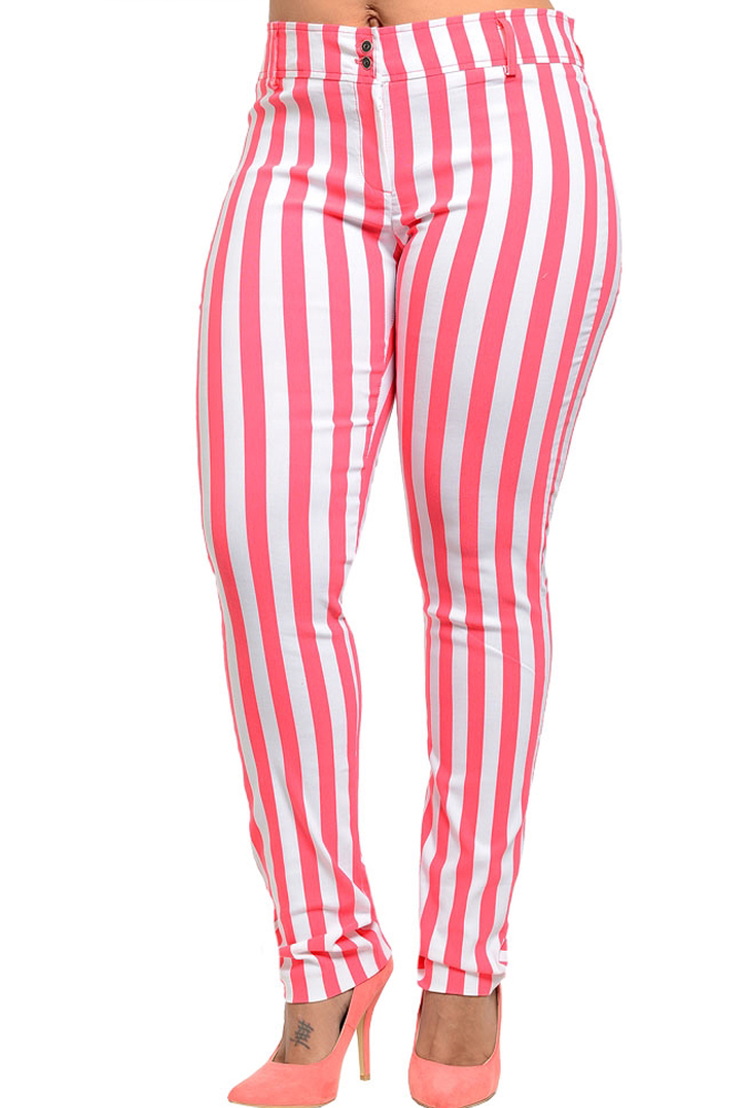 DHStyles.com DHStyles Women's Coral White Plus Size Trendy Striped Fitted Stretch Knit Pants - 1X