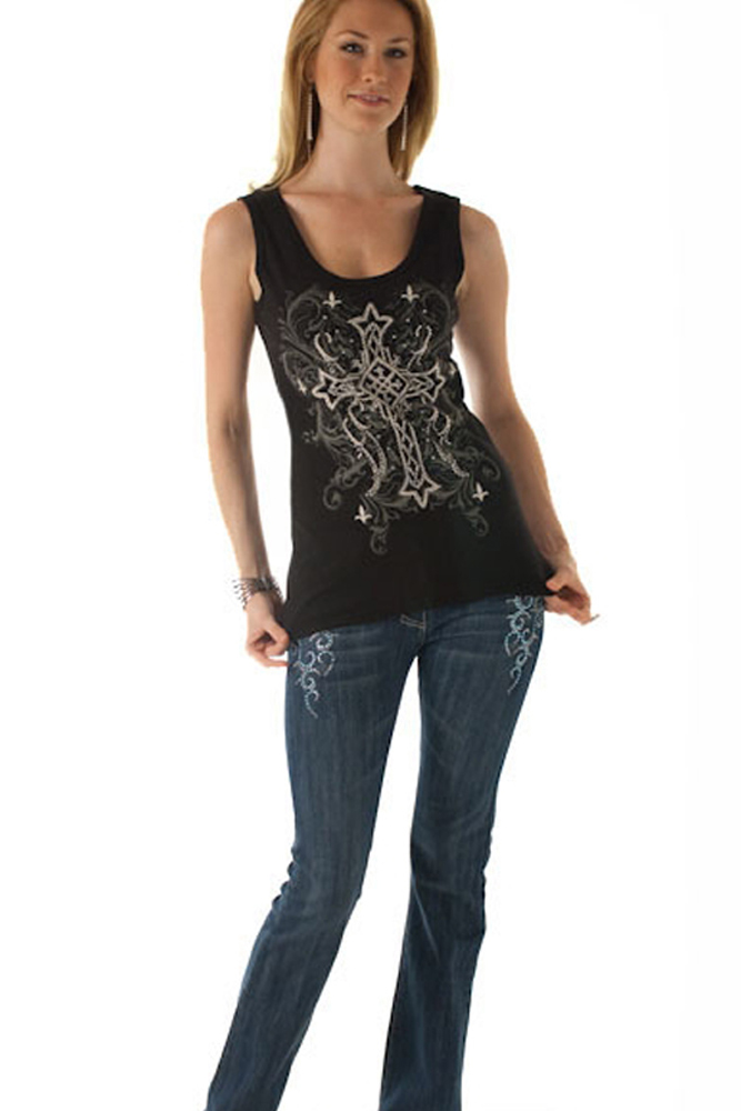 DHStyles.com DHStyles Women's Black Edgy Tattoo Cross Lace Back Tank Top - Small