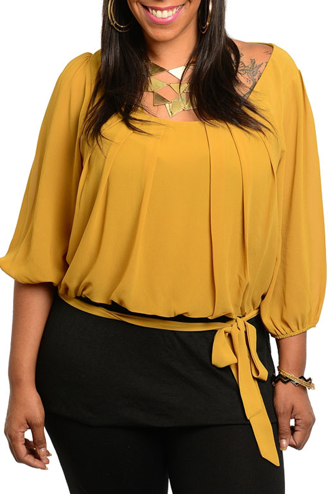 DHStyles.com DHStyles Women's Mustard Plus Size Trendy Draped Scoop Neck Dressy Top with Sash - 1X