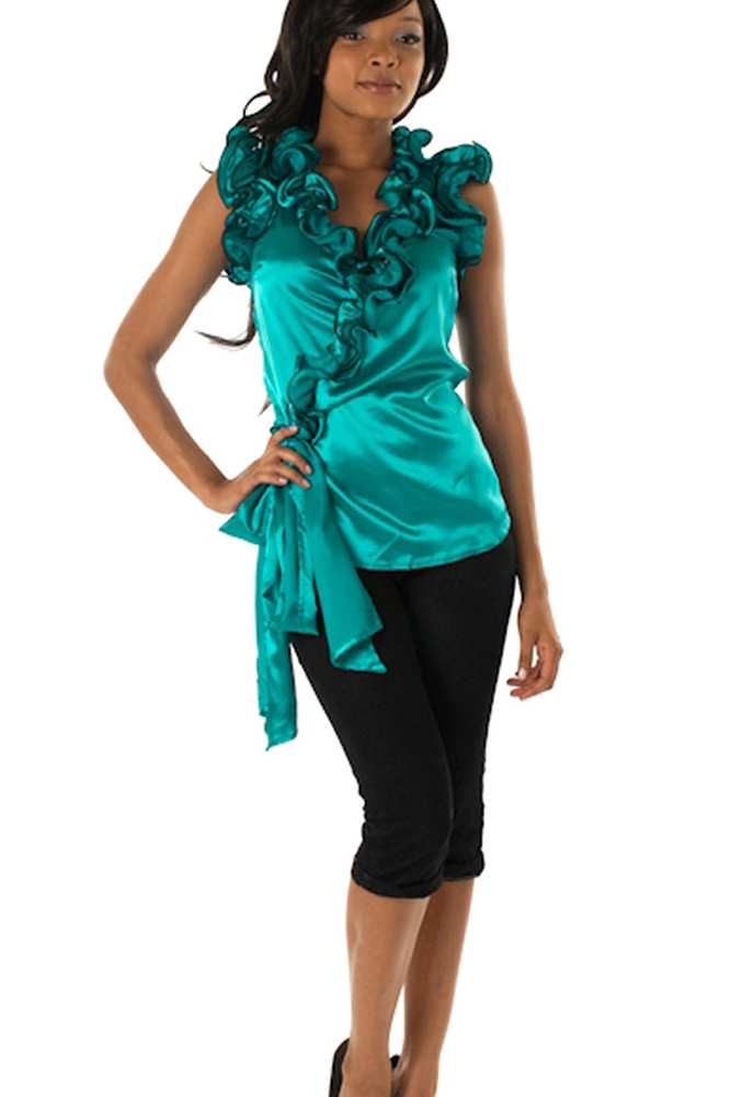 DHStyles.com DHStyles Women's Emerald Ritzy Satin Ruffled Wrap Top - Large