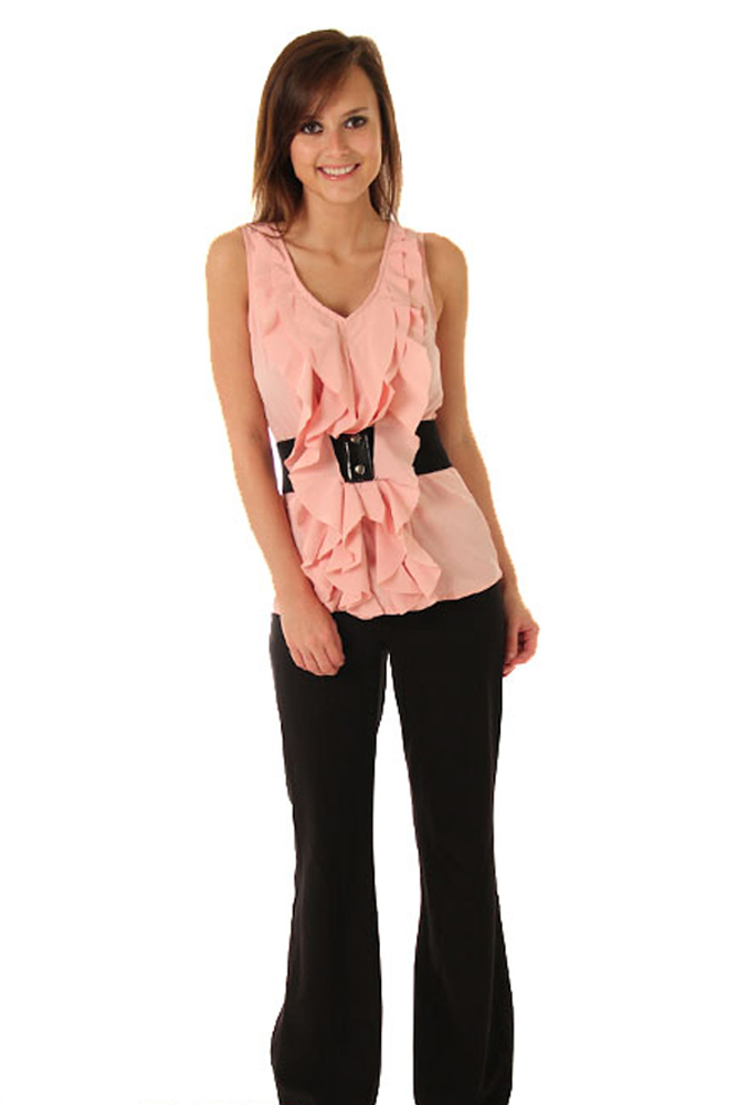 DHStyles.com DHStyles Women's Rose Trendy Sleeveless Waterfall Ruffle Top with Belt