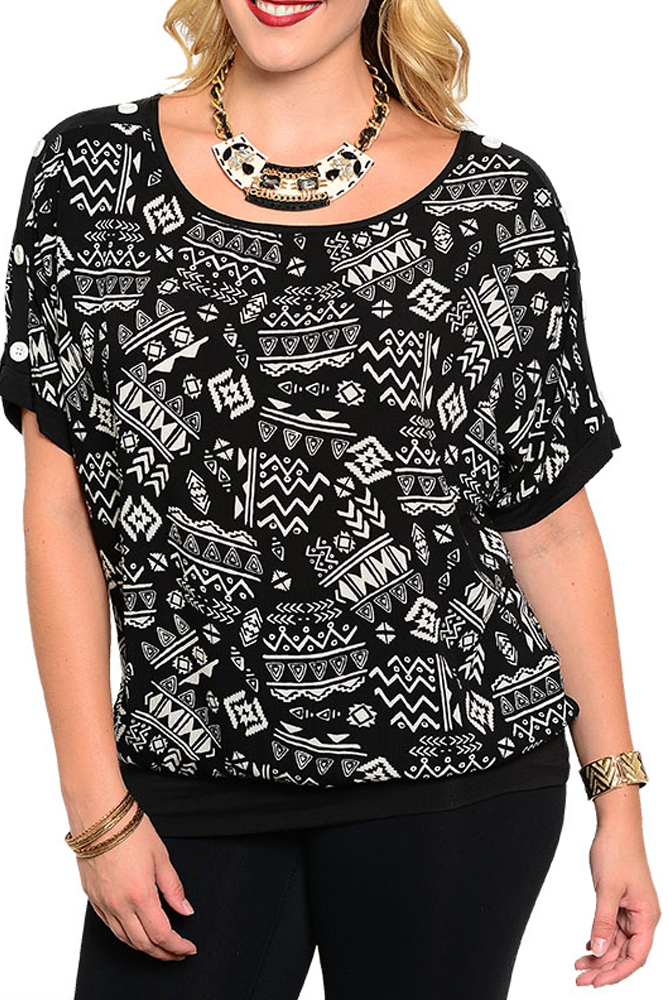 DHStyles.com DHStyles Women's White Teal Plus Size Trendy Tribal Pattern Button Short Sleeve Flowy Top - 3X