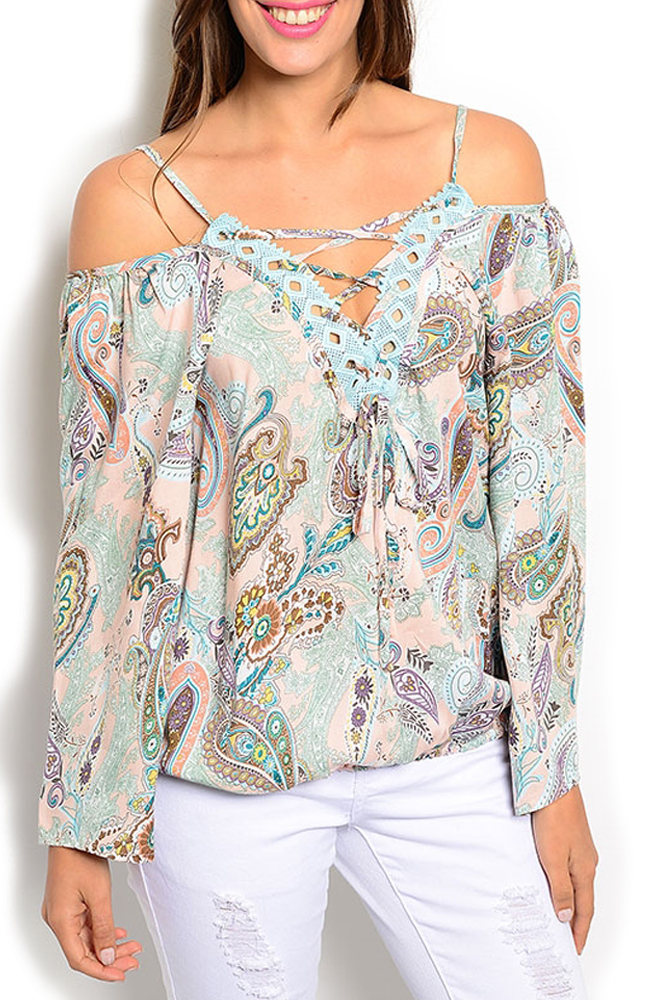 DHStyles.com DHStyles Women's Peach Aqua Trendy Cold Shoulder Lace Up Paisley Print Top - Small