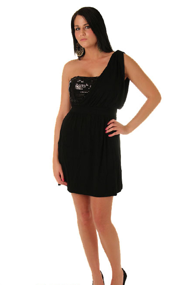 DHStyles.com DHStyles Women's Black Glam One Shoulder Sequin Cocktail Dress with Sash - Large