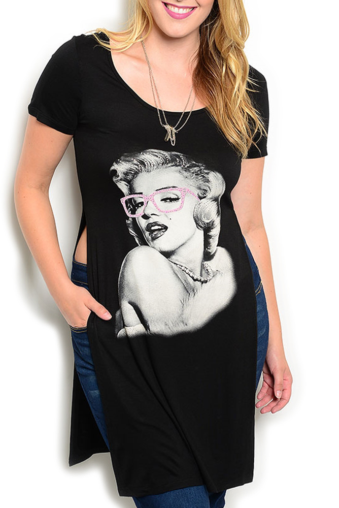 DHStyles.com DHStyles Women's Black Pink Plus Size Sexy Sheer Jeweled Marilyn Monroe Split Side Tunic Top