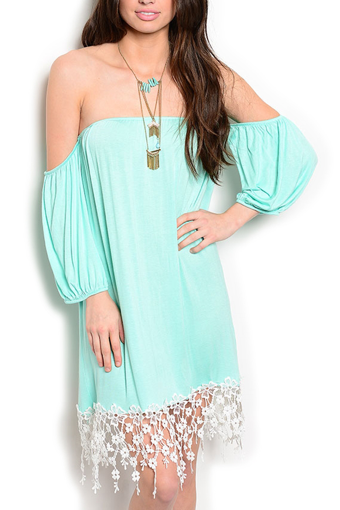 DHStyles.com DHStyles Women's Mint Boho Chic Off Shoulder Crocheted Hem Sexy Date Dress - Small