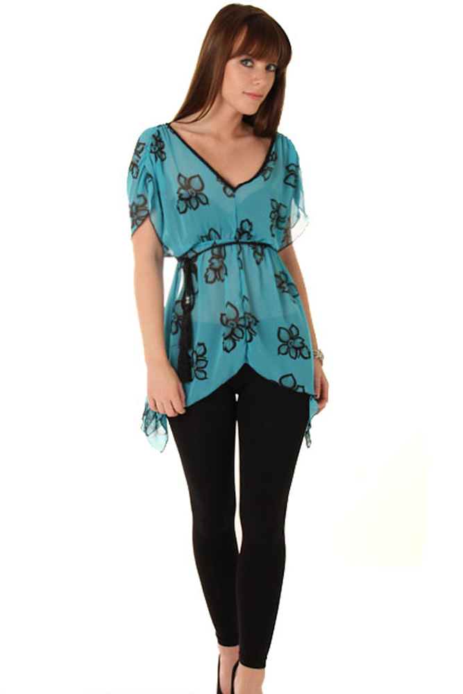 DHStyles.com DHStyles Women's Aqua Black Fun Sheer Floral Print Cover-Up Kerchief Top with Belt - Medium