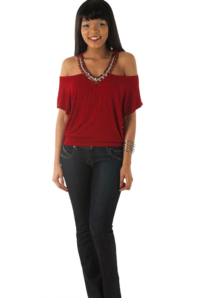 DHStyles.com DHStyles Women's Red Chic Jeweled Off Shoulder Relaxed Knit Top - Medium