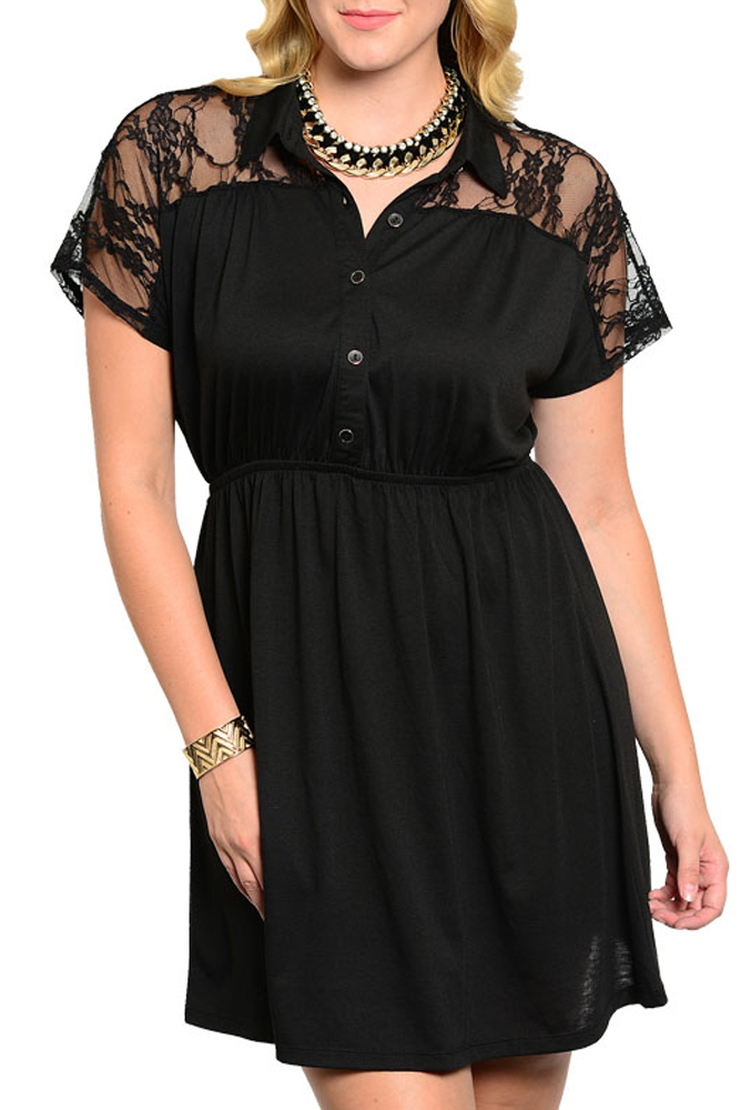 DHStyles.com DHStyles Women's Black Plus Size Trendy Three Button Johnny Collar Lace Overlay Dress - 2X