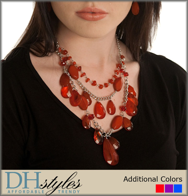 DHStyles.com DHStyles Women's Elegant Multi Chain Chandalier Necklace Earring Set - Red