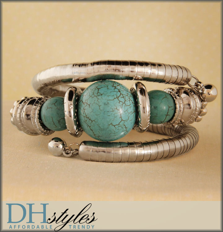 DHStyles.com DHStyles Women's Bold Turquoise Beaded Metal Coil Bracelet - Silver-Turquoise