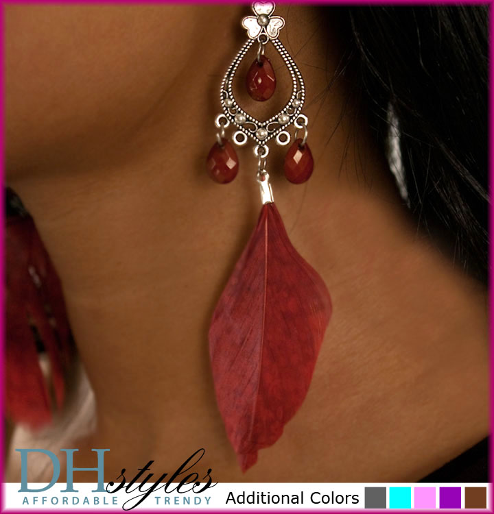 DHStyles.com DHStyles Women's Whimsical Boho Dangle Feather Earrings - Wine