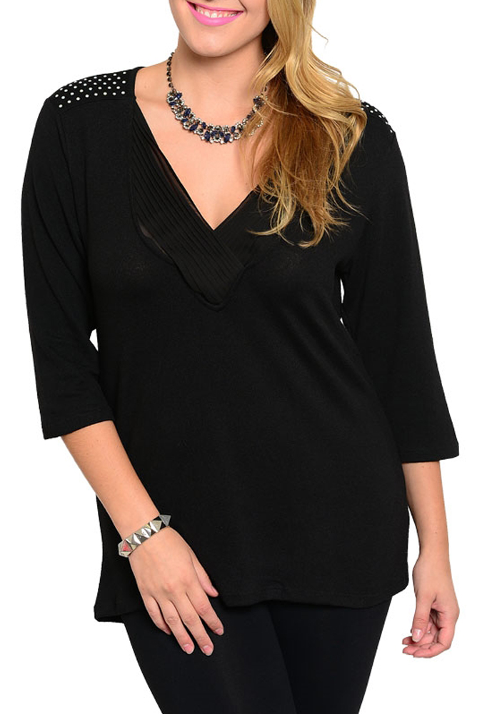 DHStyles.com DHStyles Women's Black Plus Size Trendy Wrap Front Jeweled Shoulder Knit Top - 1X