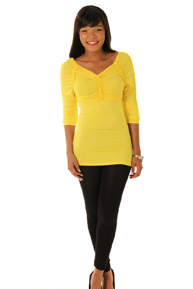 DHStyles.com DHStyles Women's Yellow Cute 3/4 Sleeve Ruched Tunic Top - Medium