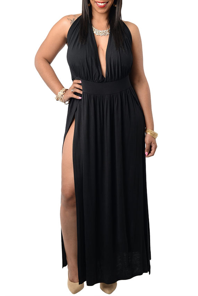 DHStyles.com DHStyles Women's Black Plus Size Sexy Split Floor Length Plunging Knit Halter Dress