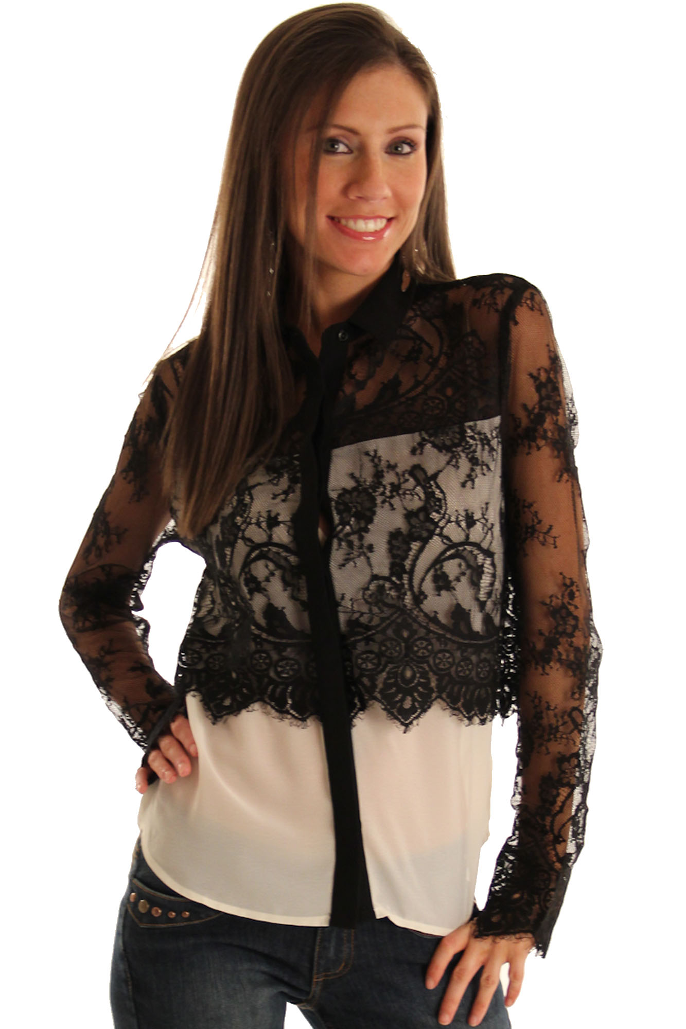 DHStyles.com DHStyles Women's Black Romantic Sheer Lace Long Sleeve Top - Small