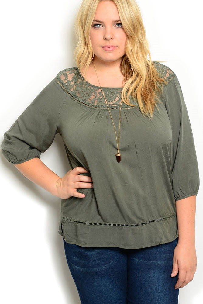 DHStyles.com DHStyles Women's Olive Plus Size Trendy Fitted Sheer Floral Mesh Yoke Cinched Sleeves Top - 2X Plus