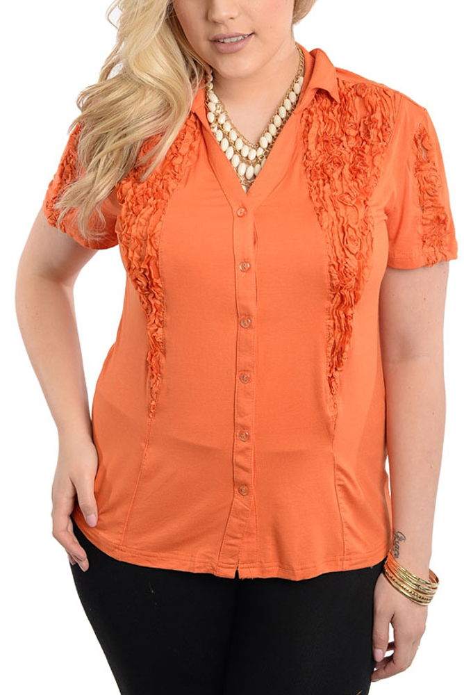 DHStyles.com DHStyles Women's Orange Plus Size Chic Trendy Button-Front Ruffle Top
