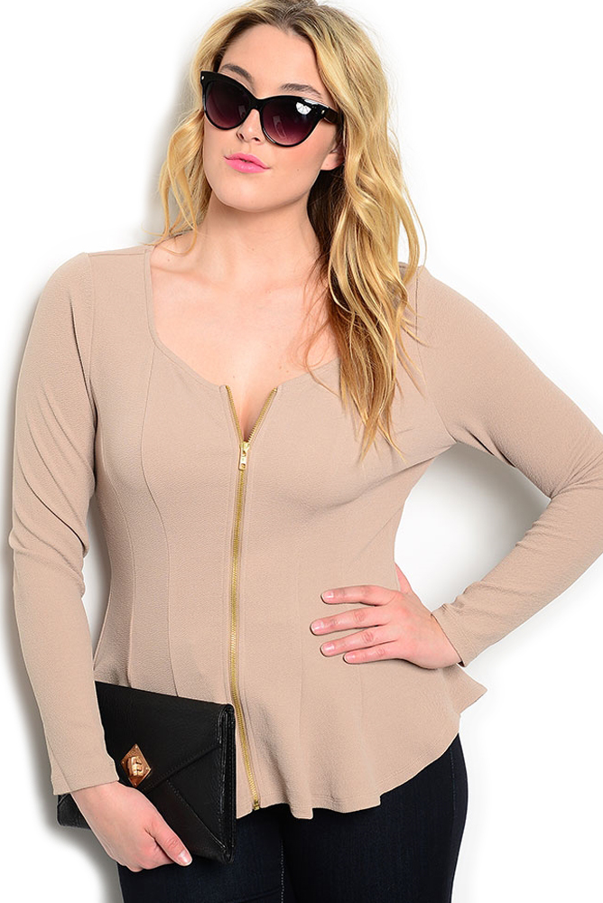 DHStyles.com DHStyles Women's Taupe Plus Size Sexy Zipper Front Long Sleeve Peplum Top