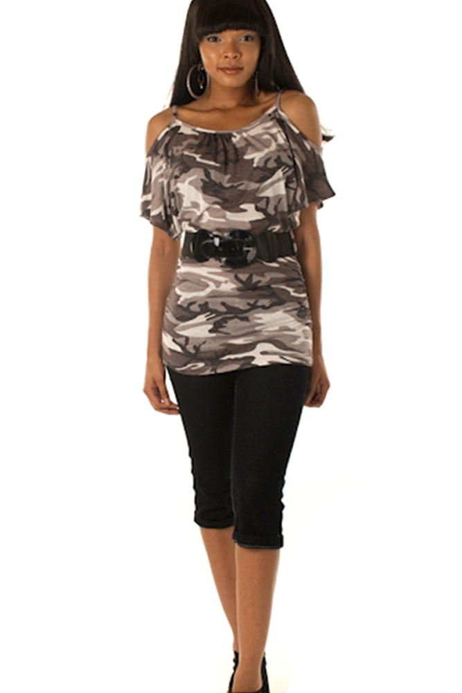 DHStyles.com DHStyles Women's Gray White Camo Knit Could Shoulder Top