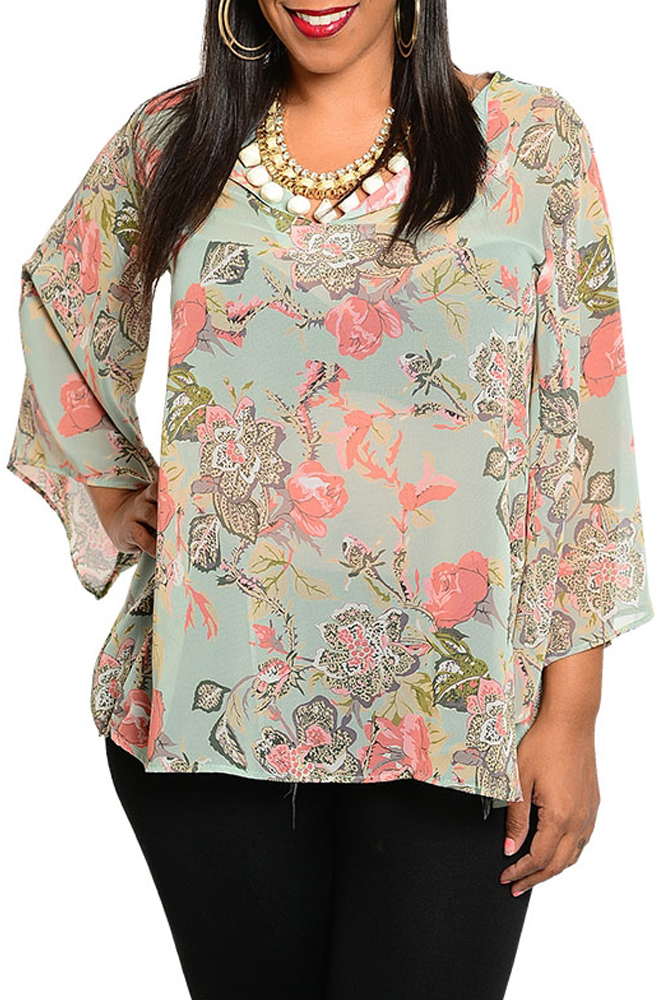 DHStyles.com DHStyles Women's Olive Pink Plus Size Trendy Floral Print Sheer Chiffon Dressy Top - 2X