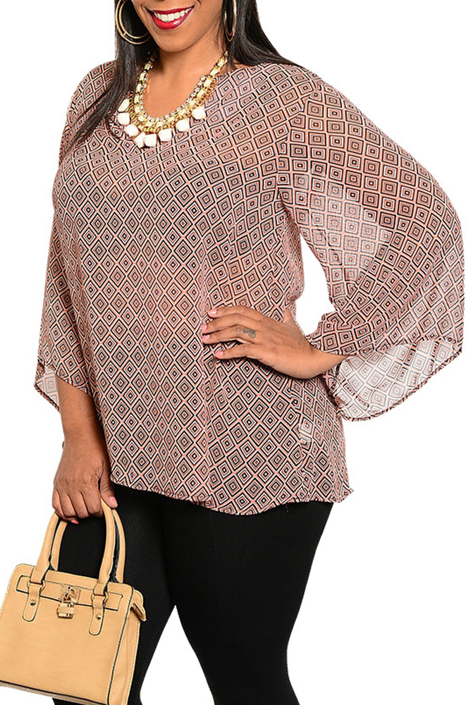 DHStyles.com DHStyles Women's Peach Black Plus Size Trendy Abstact Print Sheer Chiffon Dressy Top - 1X