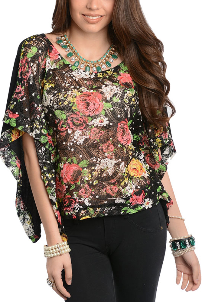 DHStyles.com DHStyles Women's Black Romantic Crocheted Floral Short Sleeve Knit Top