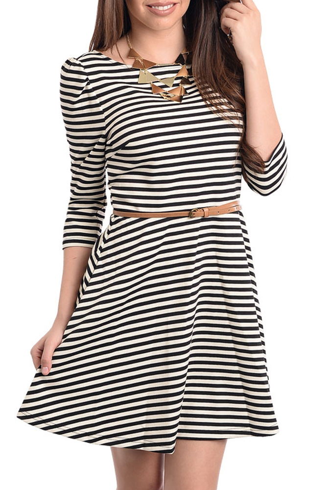 DHStyles.com DHStyles Women's Black Ivory Striped Classy Open Back Belted Knit Dress - Medium
