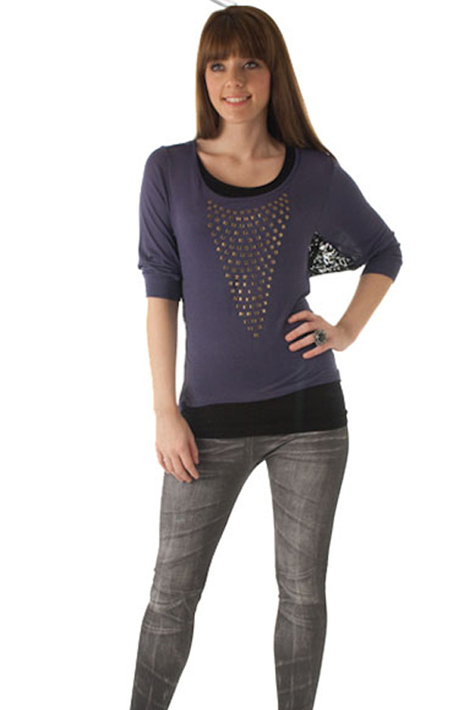 DHStyles.com DHStyles Women's Navy Black Blousy Lace and Studs Loose Fit Jersey Top - Small