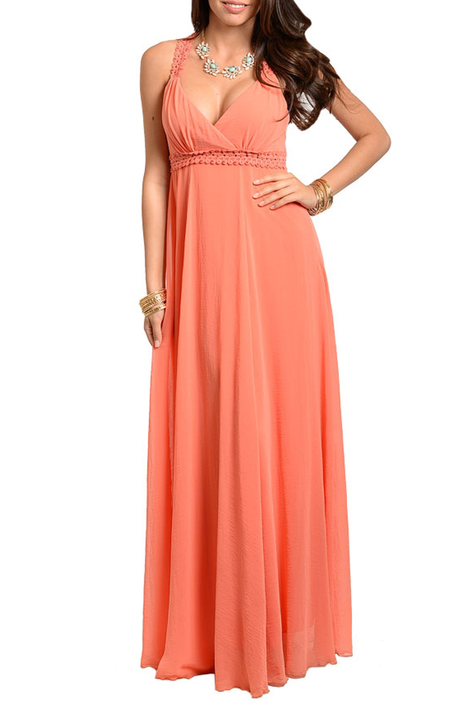DHStyles.com DHStyles Women's Orange Sexy Floral Crochet Sheer Chiffon Evening Maxi Dress - Large