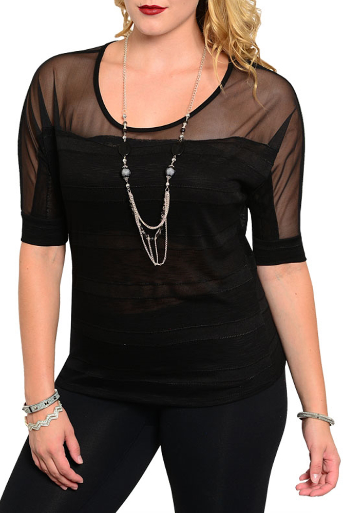 DHStyles.com DHStyles Women's Black Plus Size Sexy Sheer Mesh Striped Knit Top with Necklace - 3X