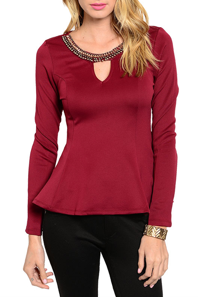 DHStyles.com DHStyles Women's Burgundy Demure Beaded Neckline Keyhole Opening Long Sleeve Dressy Top - Small