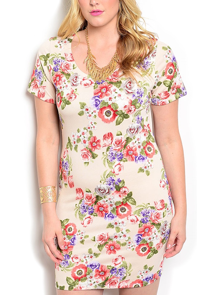 DHStyles.com DHStyles Women's Beige Red Girly Fitted Short Sleeve Bold Floral Print Date Dress - 1X Plus