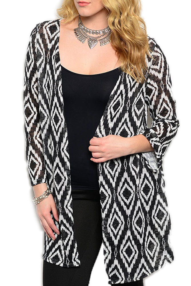 DHStyles.com DHStyles Women's Black White Plus Size Trendy Geometric Pattern Sheer Knit Long Sleeve Cardigan - 2X