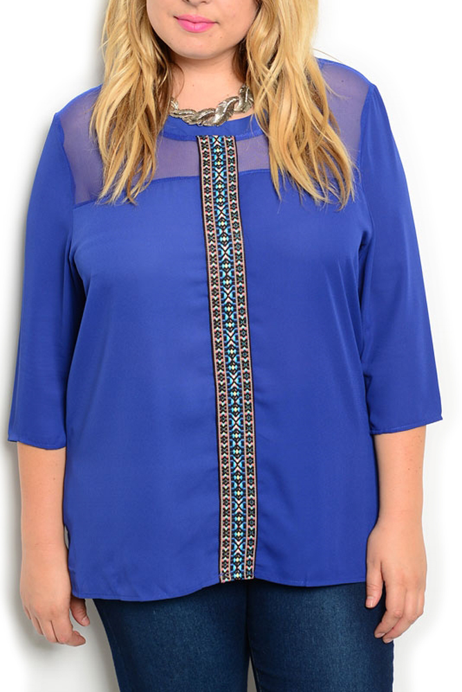 DHStyles.com DHStyles Women's Royal Plus Size Sexy Sheer Chiffon Tribal Panel 3/4 Sleeve Top