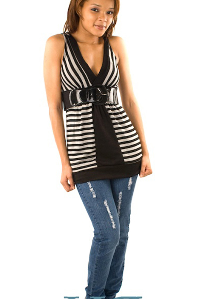 DHStyles.com DHStyles Women's Black Gray Striped Sleeveless Knit Tunic Tank Top - Medium