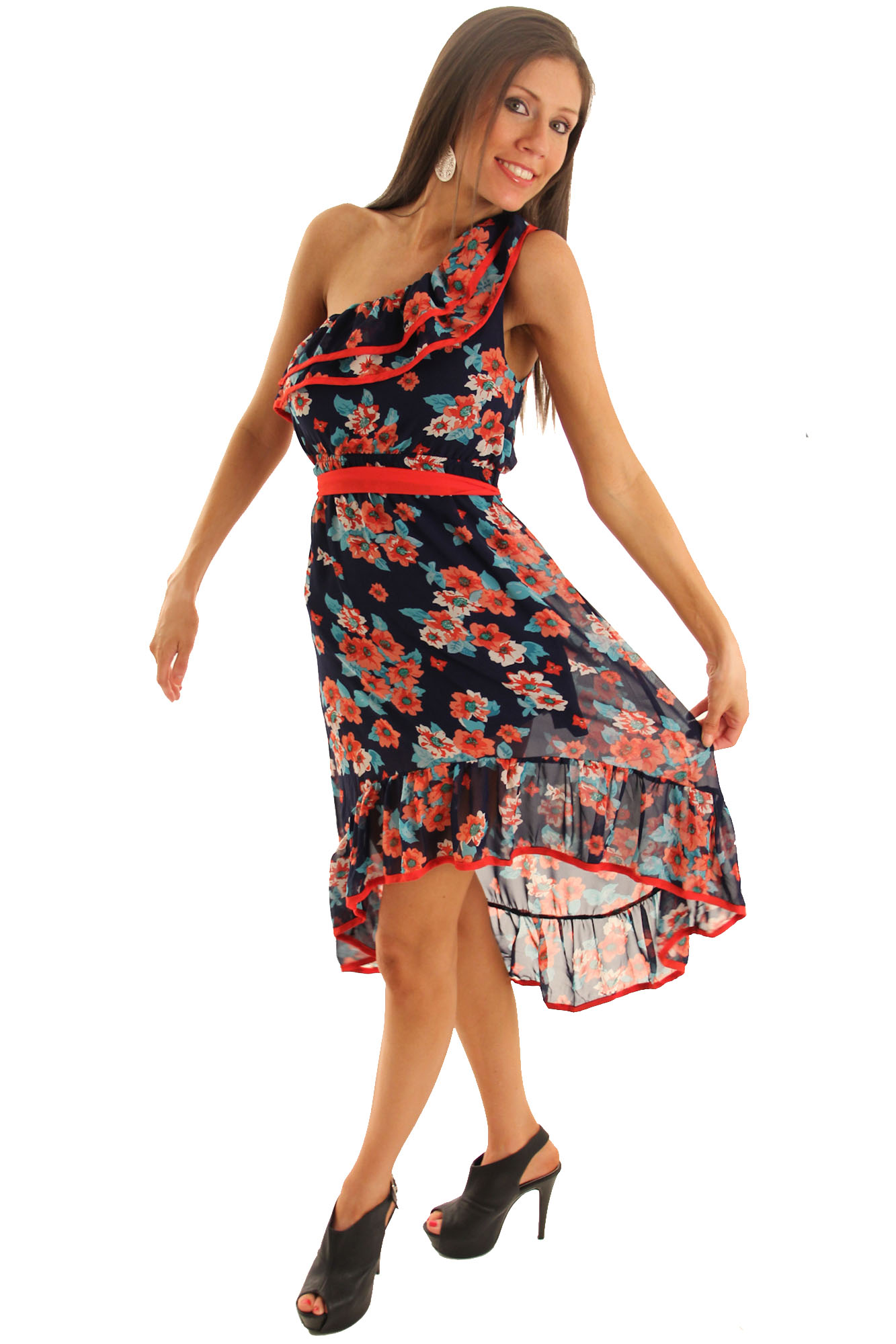 DHStyles.com DHStyles Women's Navy Red Flirty Ruffled One Shoulder Dress With Sash - Medium