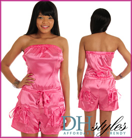 Strapless Satin Cinched Shorts Romper