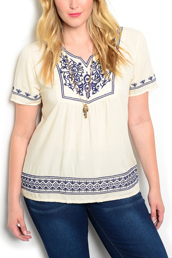 DHStyles.com DHStyles Women's Cream Navy Plus Size Trendy Embroidered Tribal Sheer Knit Top - 1X Plus