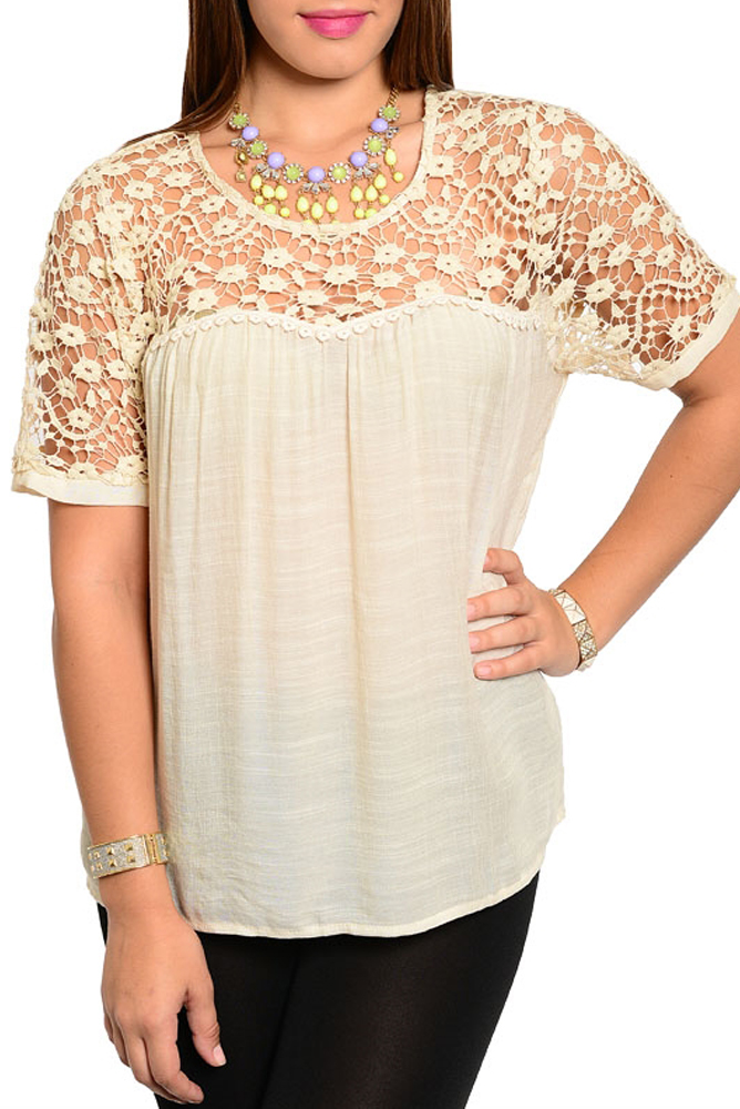 DHStyles.com DHStyles Women's Cream Plus Size Trendy Sheer Crocheted Floral Eyelet Dressy Top