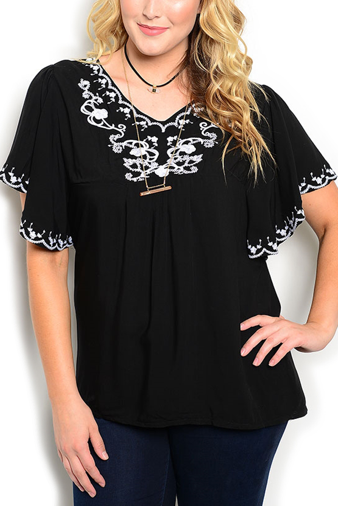 DHStyles.com DHStyles Women's Black Plus Size Trendy Sheer Boho Chic Scroll Embroidered Top - 1X Plus