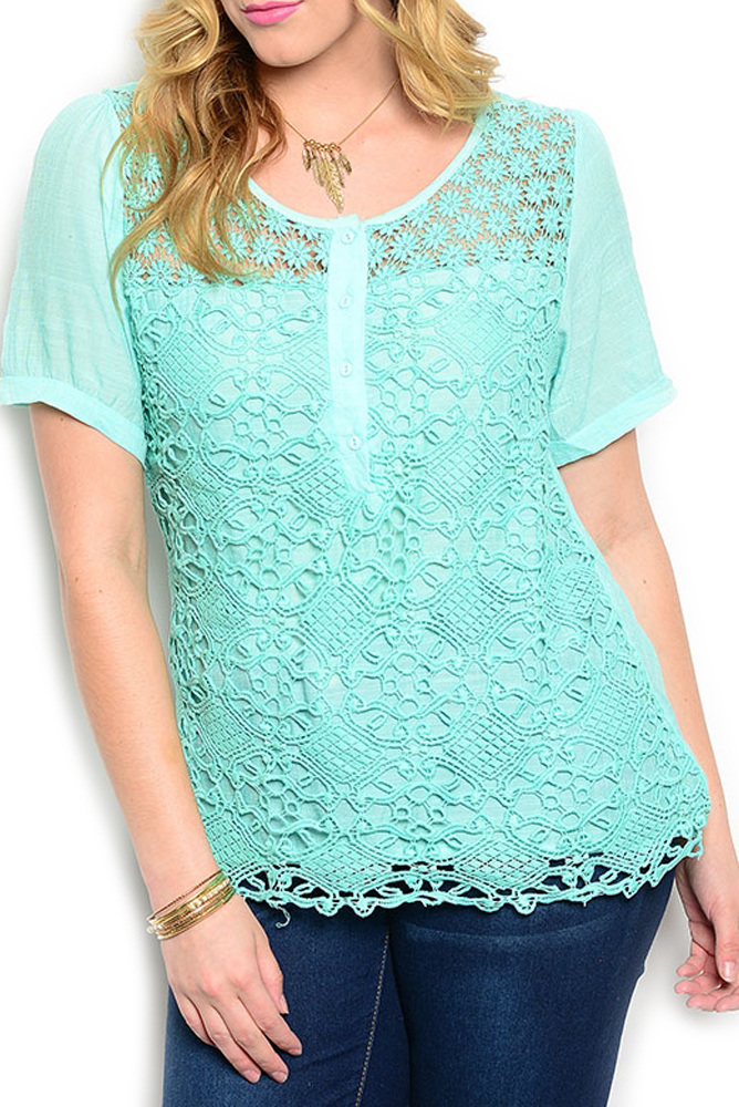 DHStyles.com DHStyles Women's Mint Plus Size Trendy Eyelet Crocheted Buttoned Collar Top - 3X